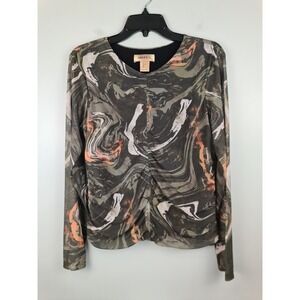 Bailey 44 Women's Marble Print Rouched Long Sleeve L Top Blouse Camo Swirl Sheer